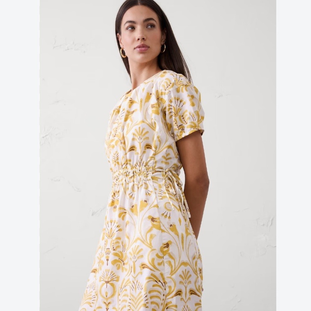 Banana Republic Yellow Floral Cotton Poplin Pleated Mini Dress NWT Size M